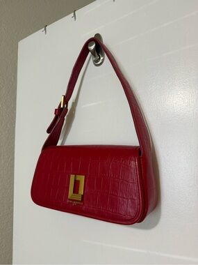 Karl Lagerfeld Red Croc-Embossed Shoulder Bag with Gold Accent